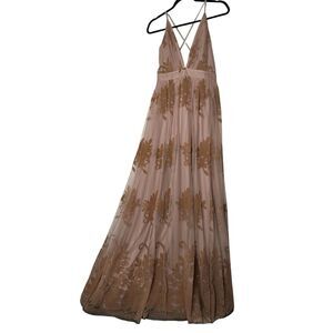 LUXXEL Dress Women Large Mauve  floral printed tulle maxi Velvet Holidays Prom‎